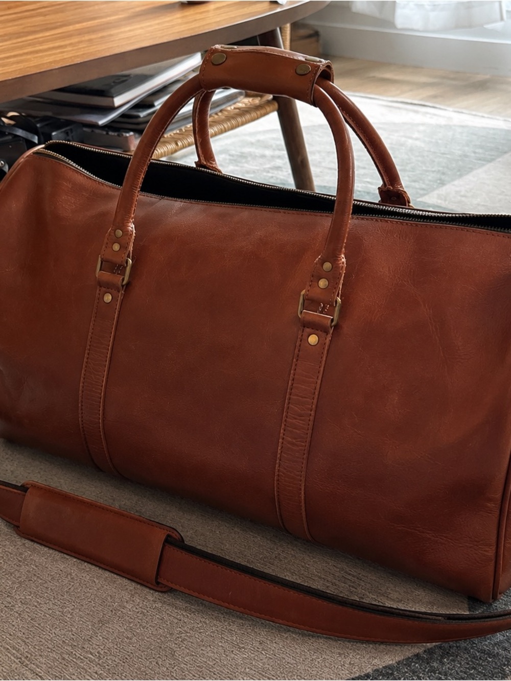 Classic Brown Leather Weekender Duffel Bag
